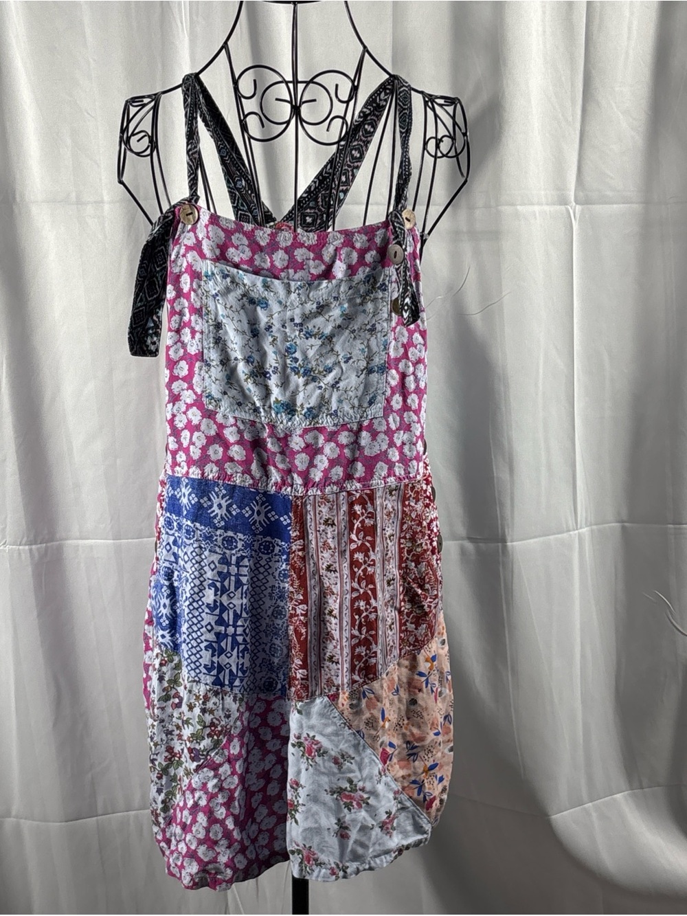 Blue Sky Floral Patchwork  Dress in White with Pink Roses